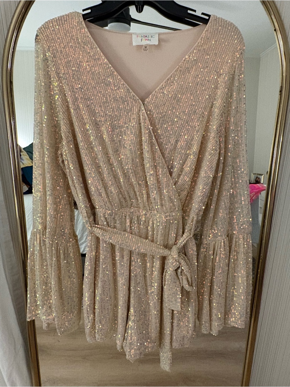 Fantastic Fawn Sequined Wrap Dress in Champagne Gold